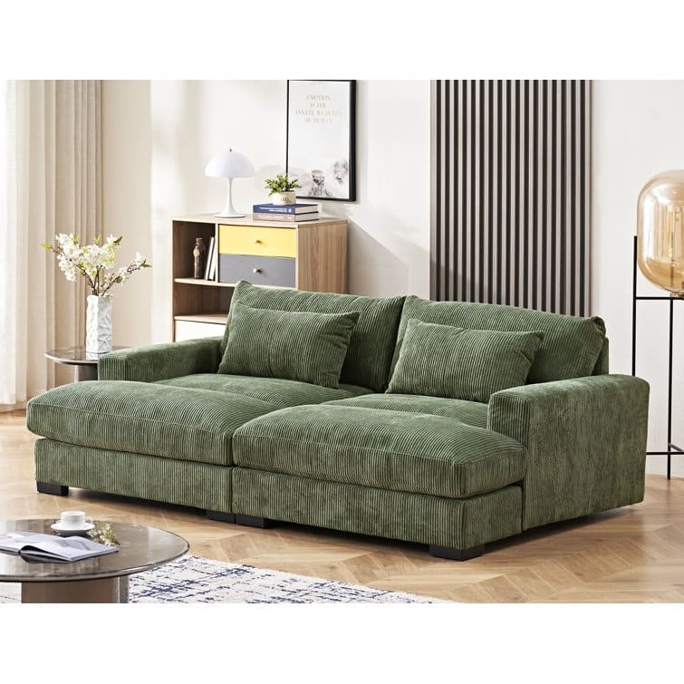Luxe Sleeper Sofa with Soft Corduroy Upholstery Double Chaise Design Convertible to Twin Size Bed Extra Large - Green