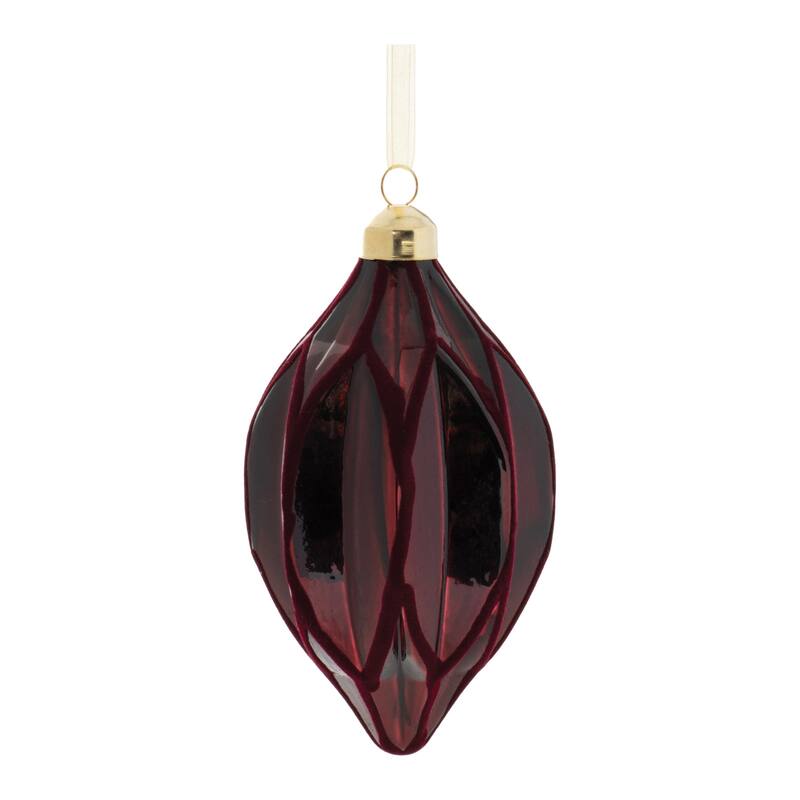 Set of 6 Red Velvet Glass Christmas Ornaments Ribbed Ball Onion Drop Shapes for Tree Decor - 3.5”L x 3.5”W x 4”H