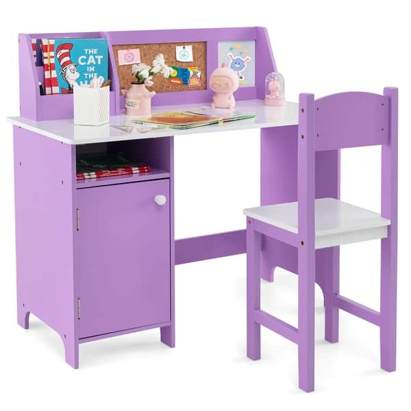 slide 2 of 11, Costway Kids Study Desk with Chair, Whiteboard, Marker, Hutch, Storage - 35'' x 18'' x 34'' (L x W x H) Purple - 35'' x 18'' x 34'' (L x W x H)