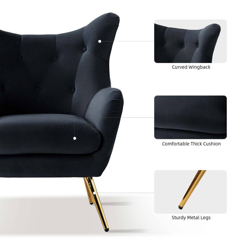 Eusebio Tufted Velvet Accent Chair with Wingback, Arms, and Metal Gold Legs for Living Room or Bedroom by HULALA HOME