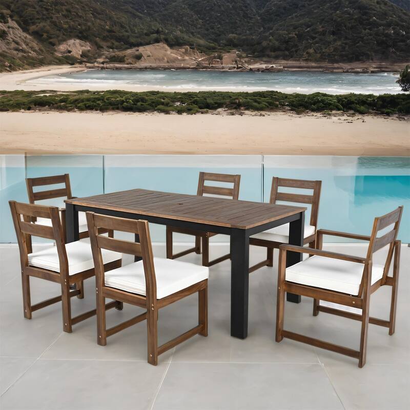 Wood Patio Dining Set with Table, 2 Armchairs & 4 Side Chairs, 7 Pcs