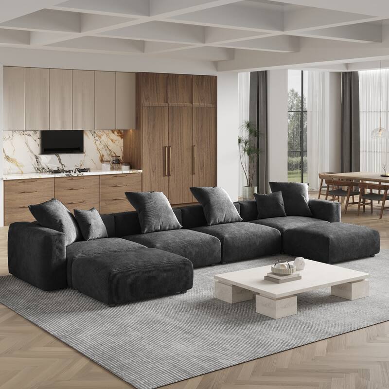 Large U-Shape Linen Reversible Modular Seating Component Sectional with 2 Ottoman - corduroy black