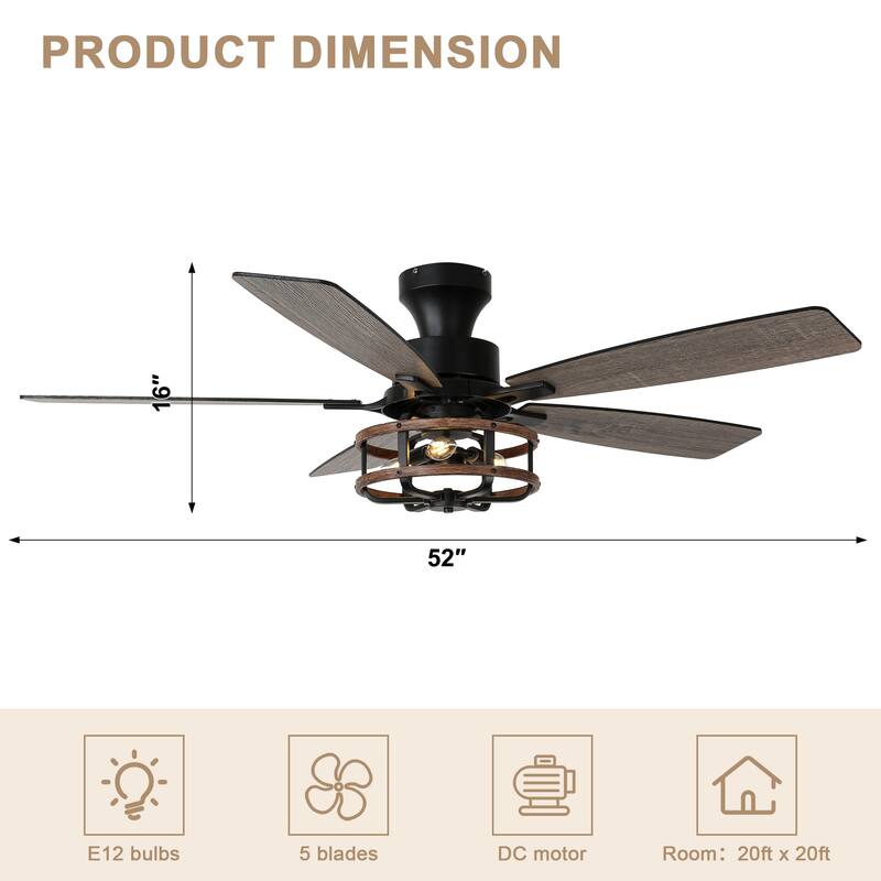 Bella Depot 52" Black Industrial Flush Mount Ceiling Fan with Light and Remote 6-speed Reversible DC Motor Low Profile Fan