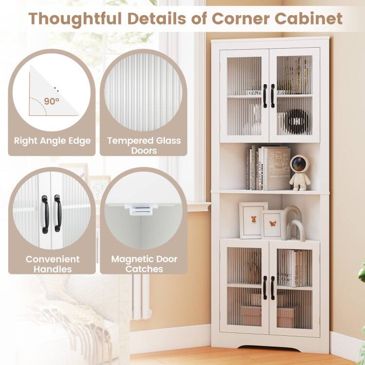 White MDF and Tempered Glass 6-Tier Corner Cabinet with Adjustable Shelves - 26" x 14" x 67" (L x W x H)