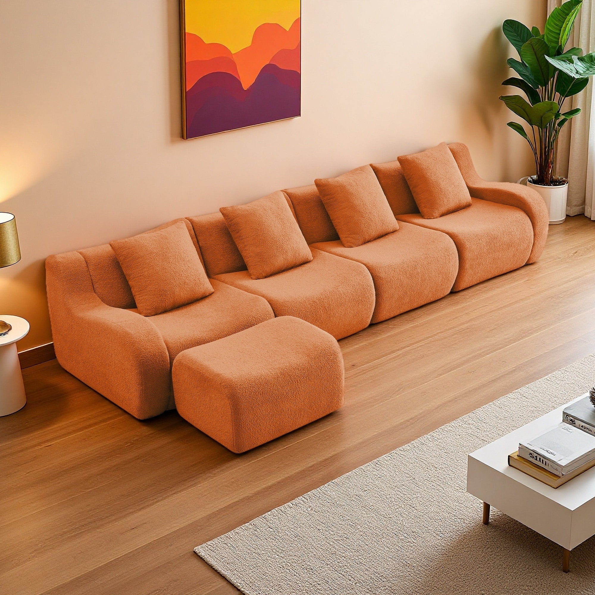 148" L-Shaped 4-Seat Teddy Fabric Sectional Sofa with Chaise, No Assembly