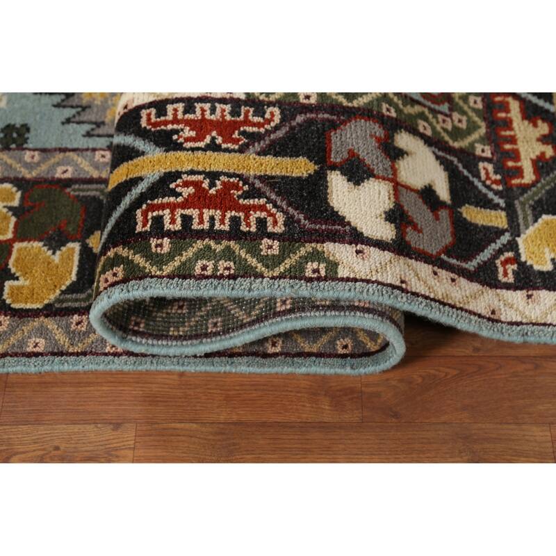 Light Blue Geometric Kazak Indian Area Rug Hand-Knotted Wool Carpet - 8'0"x 10'2"