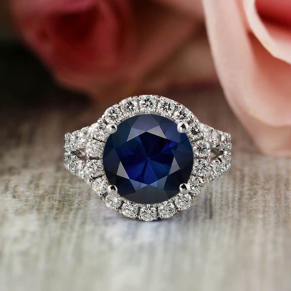 Auriya 18k Gold 4ctw Blue Sapphire Halo Diamond Engagement Ring 2ct TDW. Opens flyout.