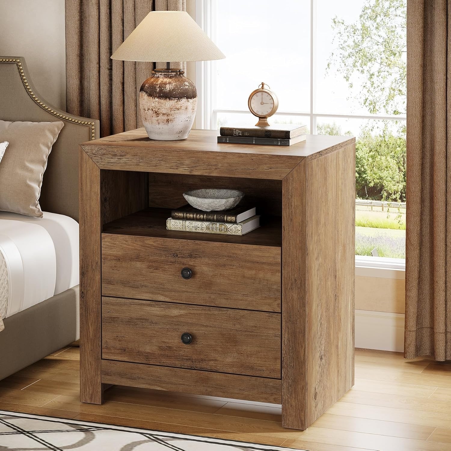 Farmhouse Nightstand with Storage Drawers for Bedroom