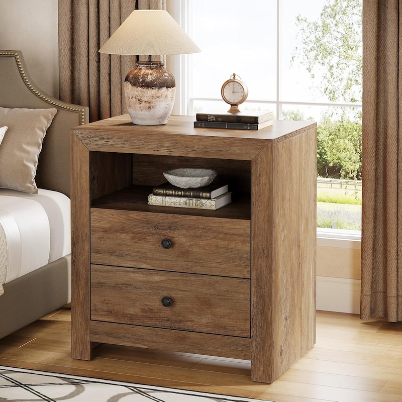 Nightstand with 2 Storage Drawers, Rustic Bedside Table for Bedroom - 2-drawer