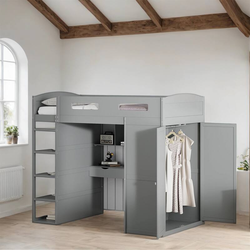 Twin Size Wood Loft Bed with Desk, Wardrobes,Drawers and Shelves