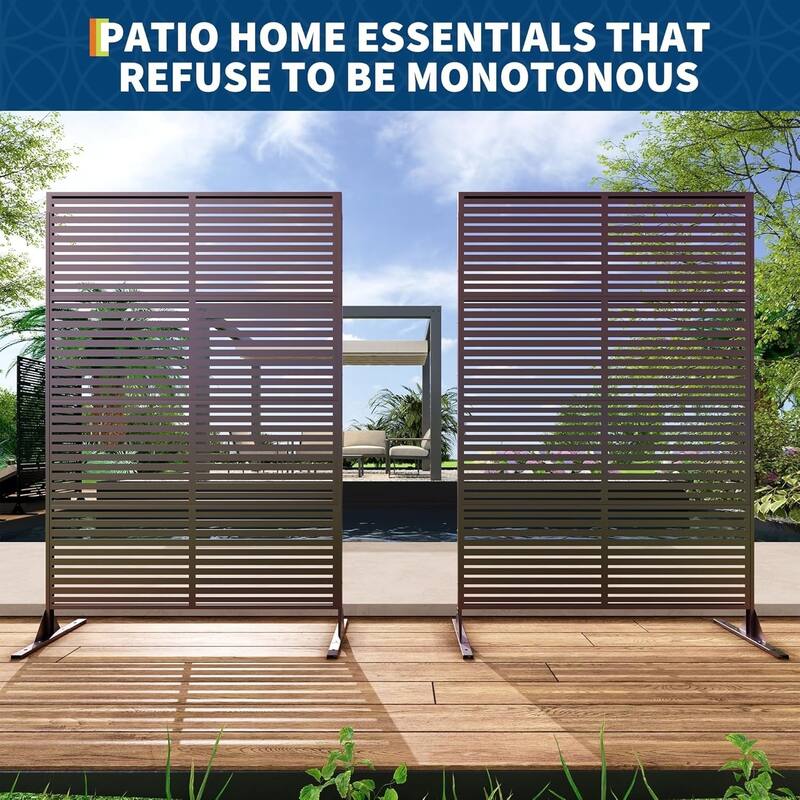 1PCS 72 in H x 46 in W Metal Privacy Screen Panel Freestanding Outdoor Divider with Stand Stripe01-Brown