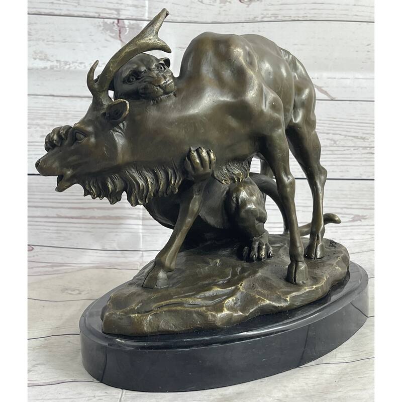 Mountain Lion Hunting Elk Deer By Pj Mene Bronze Statue Sculpture Wildlife Decor 11 Inchesx 13 Inches