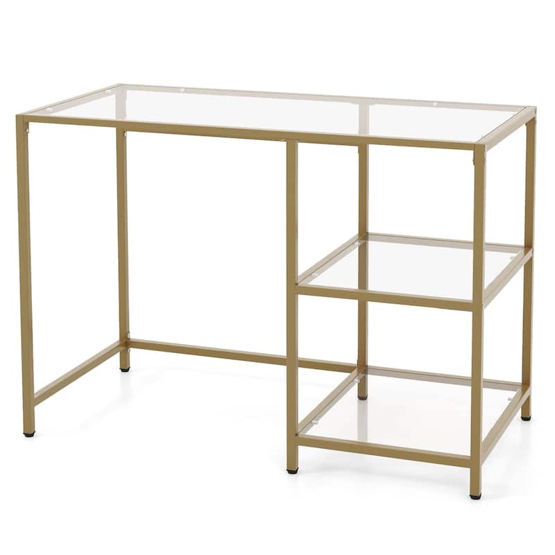 Gymax Computer Desk Tempered Glass Workstation Vanity Table w/ 2-Tier