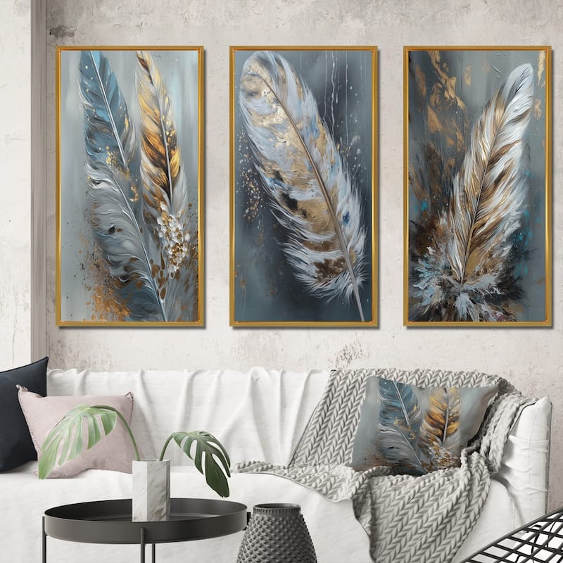 Designart "Gold Feather Wanderlust III" Glam Feather Framed Wall Art Set Of 3 Frame Gallery Set For Office Decor - 50 in. wide x 32 in. high - 3 Panels - Gold