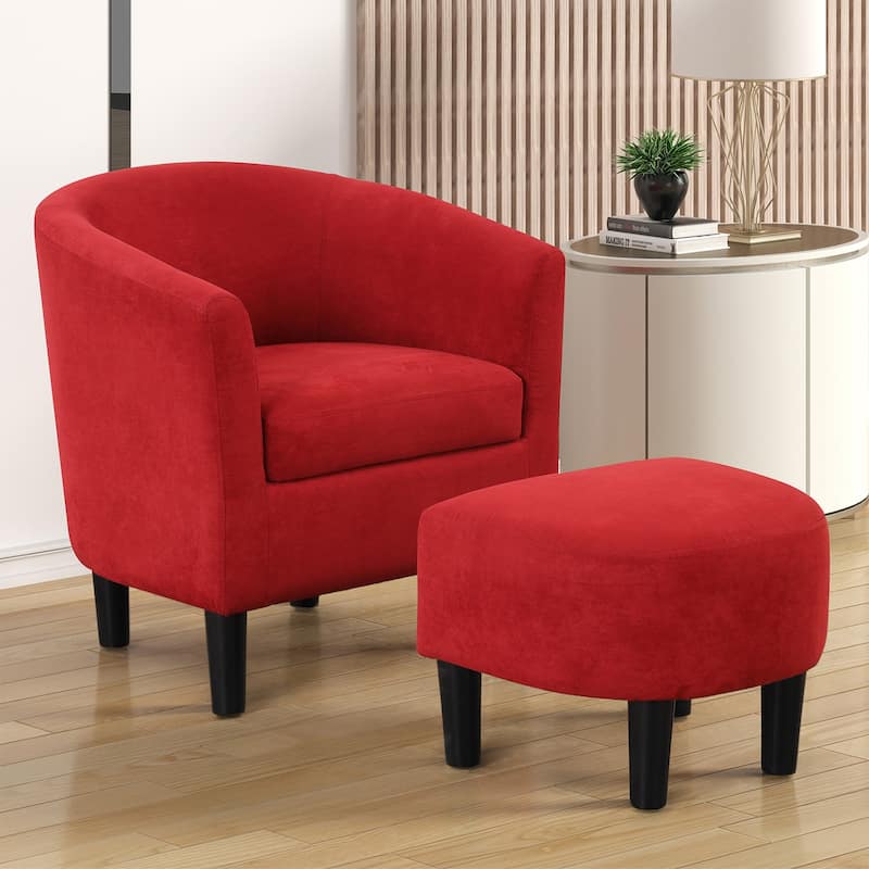 Classic Barrel Accent Chair Upholstered in Soft Polyester Fabric Footrest included - Red
