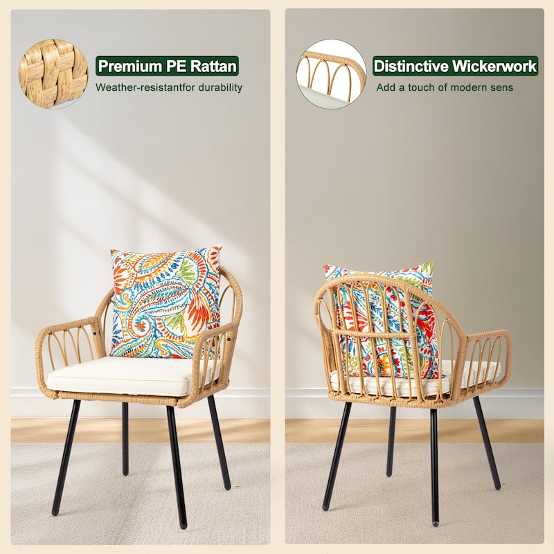 Modern Set of 4 Handwoven Wicker Rattan Dining Chairs with Comfortable Cushions and Steel Frame - 26” x 22.4” x 33.9”