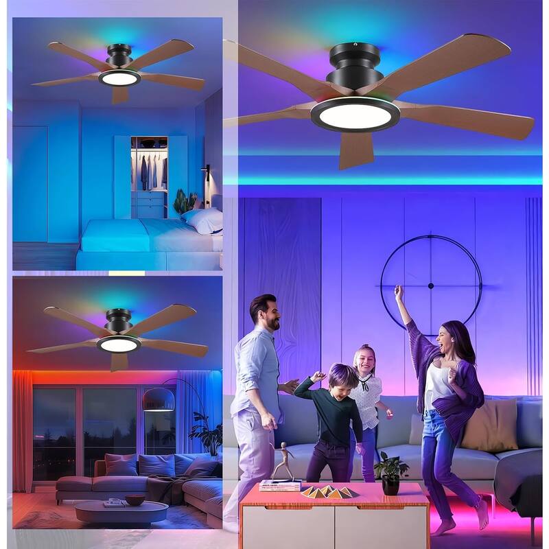 52 Inches Low Profile Flush Mount Ceiling Fan with LED Light,Reversible DC Motor - 52 Inches