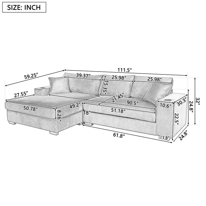 Roomfitters Large Sectional Sofa with Thick Cushions, Built-in Cup Holders and Charging Ports for Living Room