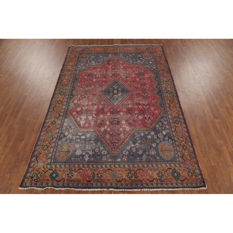 Geometric Joshaghan Persian Vintage Rug Hand-Knotted Wool Carpet - 6'7"x 9'10"