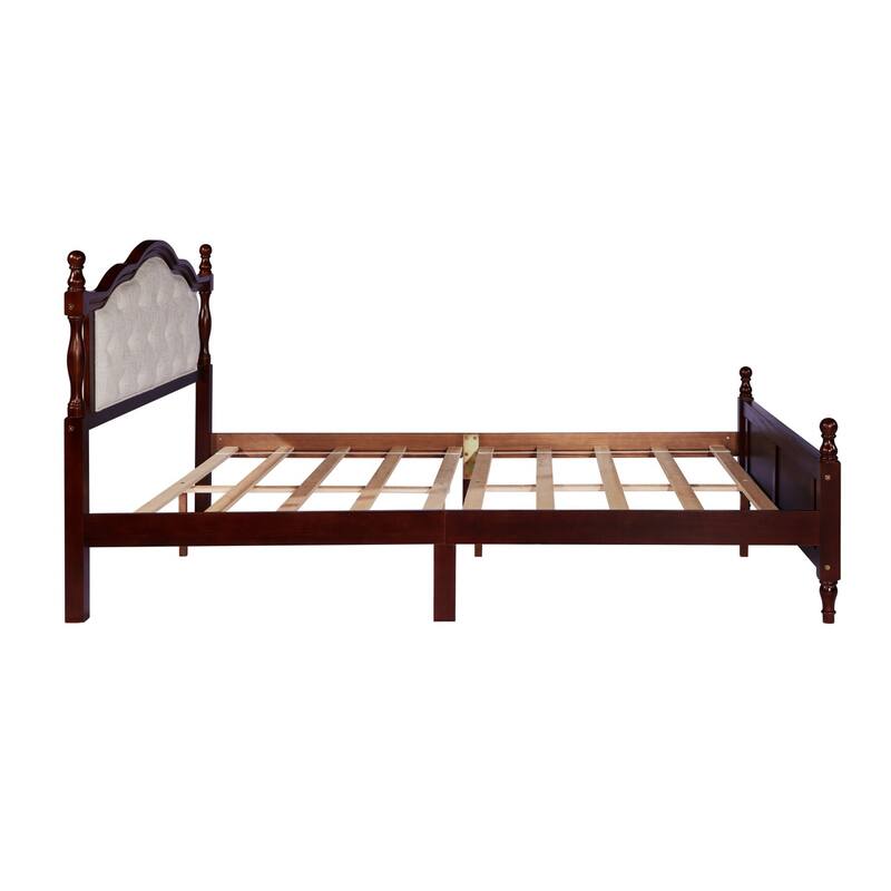 Solid Wood Queen Size Platform Bed Frame with Upholstered Headboard