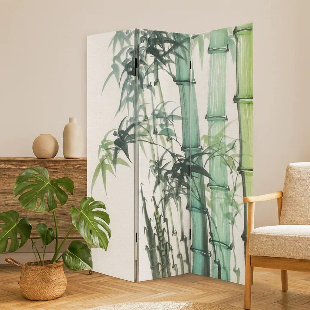72 Inch 3 Panel Canvas Room Divider with Bamboo Print,Multicolor
