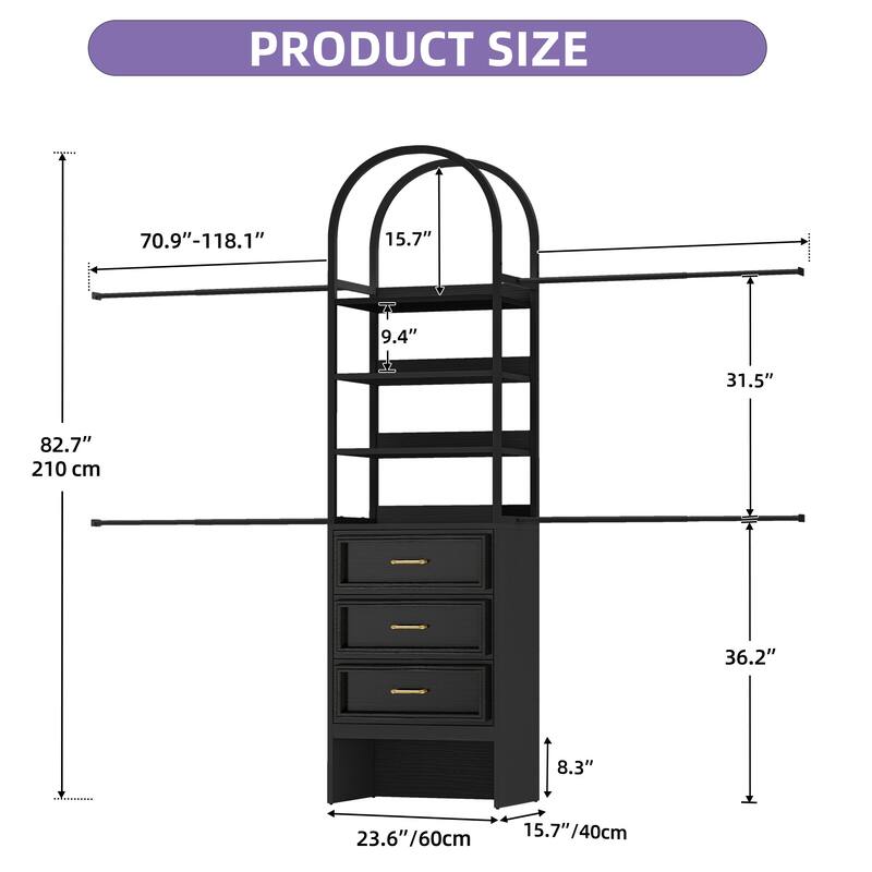 Wall-Mounted Clothing Storage Rack Multi-Functional Closet Organizer System with Adjustable Rods and Shelves