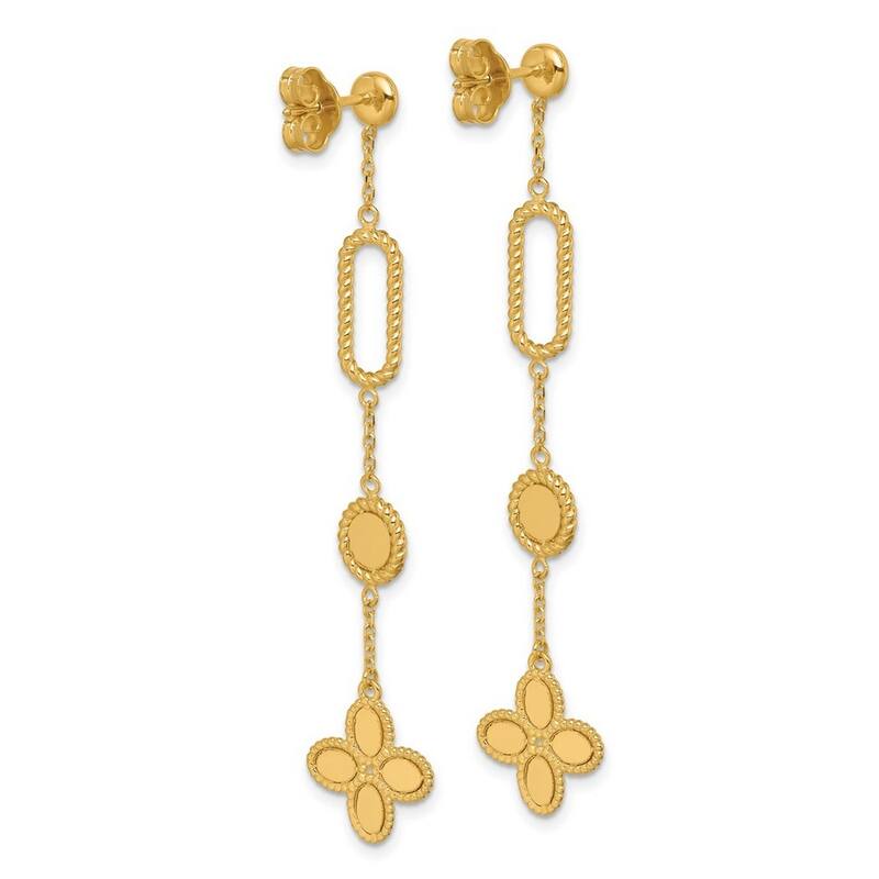 Curata 14K Italian Yellow Gold Paperclip, Circle and Clover Long Drop Earrings - 12x65mm