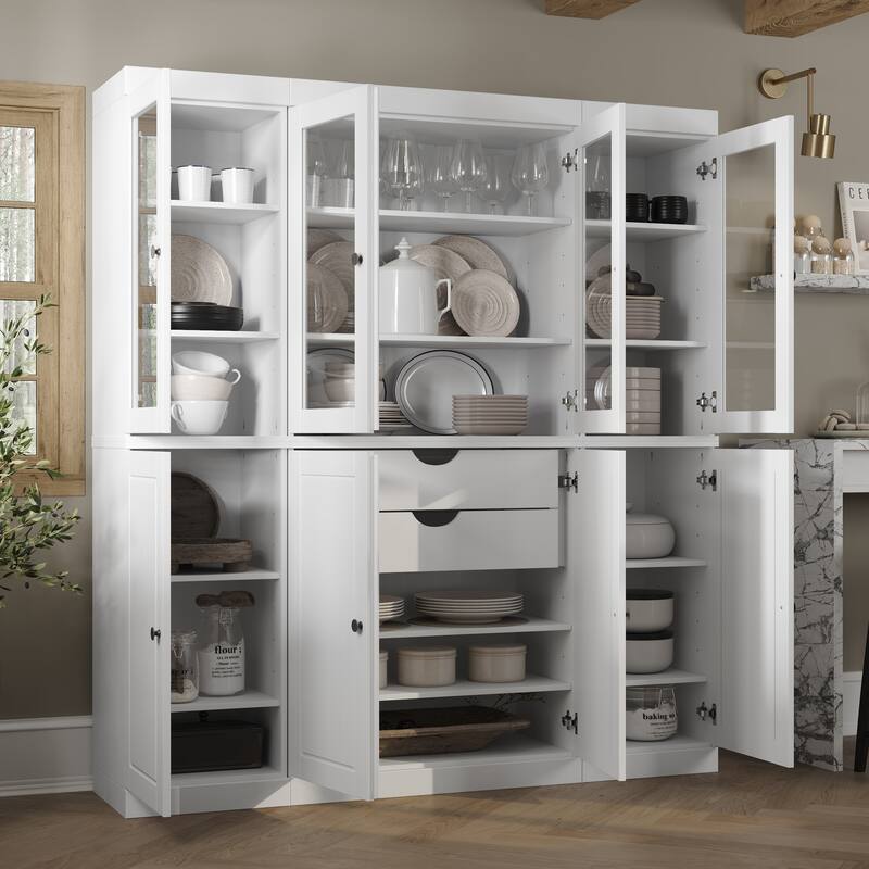 100% Solid Wood Kitchen China Pantry Buffet with Glass or Solid Wood Doors and 2-Drawer Kit by Palace Imports - 65" x 71.5" - White - 4 Clear Glass-4 Solid