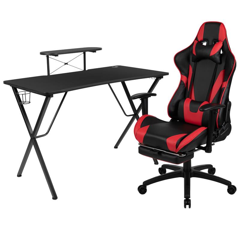 Gaming Desk & Chair Set with Cup Holder, Headphone Hook, and Monitor Stand