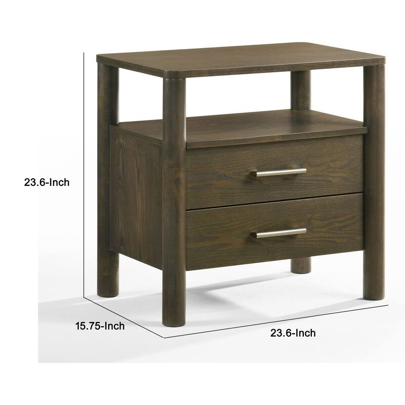 Cid Caro Nightstand, 2 Drawers 1 Shelf, Wenge Brown Rubberwood, 24 Inch