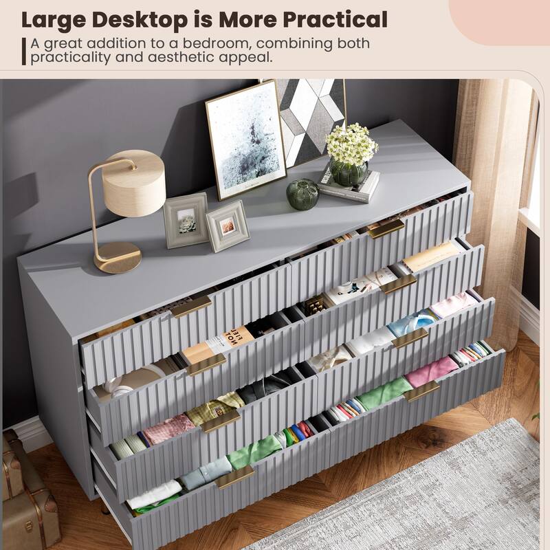 8 Drawer Fluted Dresser for Bedroom, Wide Modern Chest of Drawers, Long Double Dresser