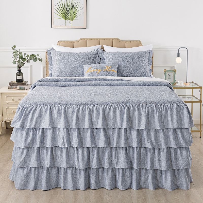 4 Piece Knit Ruffled Style Bed Skirt Coverlets Bedspreads - Blue - King