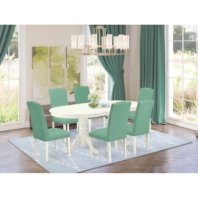 Antique Dining Set 7Pc Table & Chairs - Linen White Legs, Pond PU Leather - Butterfly Leaf