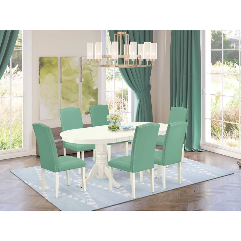 Antique Dining Set 7Pc Table & Chairs - Linen White Legs, Pond PU Leather - Butterfly Leaf