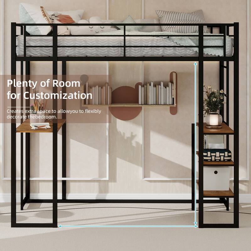 Iron frame bed with bed and table with stairs on both sides