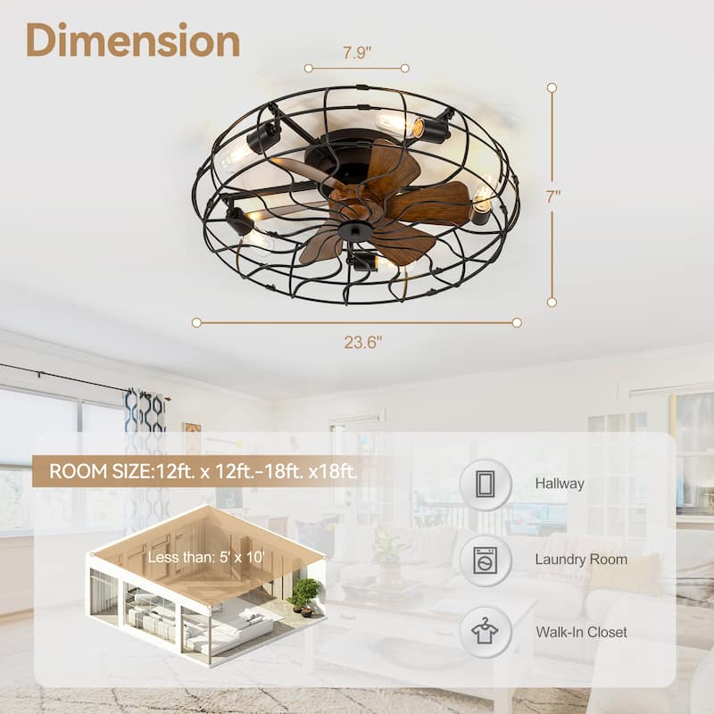 16.5"/19"/20"/23.6" Vintage Distressed White Low Profile Ceiling Fan with Remote (7/6-Blade)