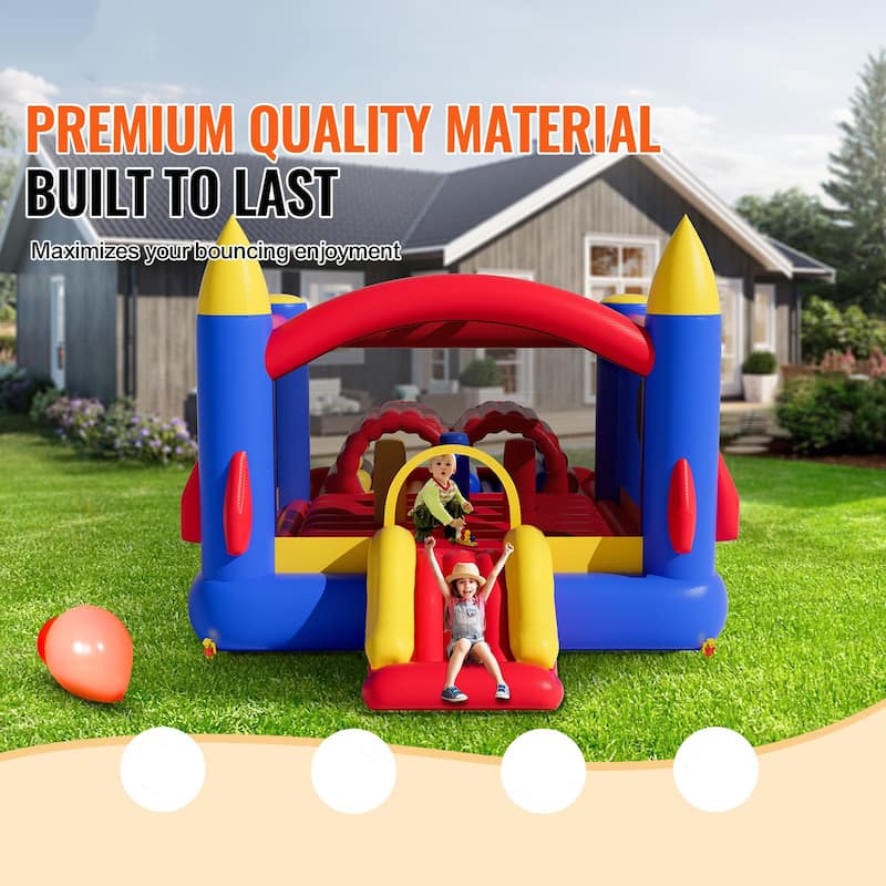 Inflatable Jumping Trampoline Bounce Playhouse with Blower Slide and Storage Bag Ideal for Kids - 160.6” x 94.5” x 96.5”