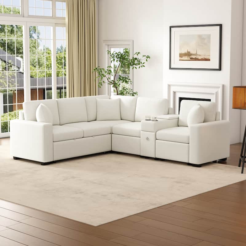 Roomfitters 120 Inch L-Shaped Sectional Sleeper Sofa with Pull-Out Bed and Cup Holders, Chenille - White