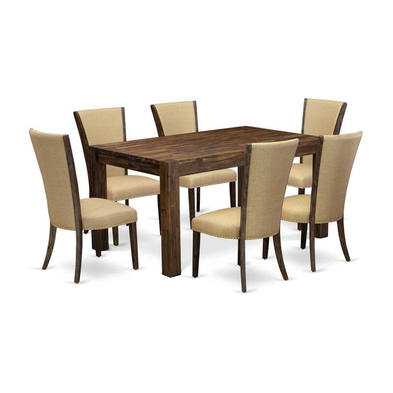 HomeStock 7-Piece Distressed Jacobean Finish Solid Wood Top Dining Table with 6 Parson-Chairs