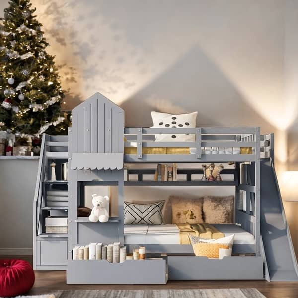 slide 2 of 12, Full-Over-Full Castle Style Bunk Bed with 2 Drawers 3 Shelves and Slide Grey