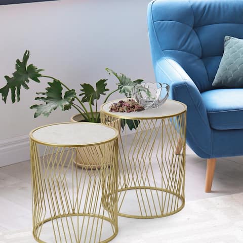 Adeco FT0257-gold Decorative Nesting Round Side Accent Plant Stand Chair for Bedroom, Set of 2 End Tables Gold,White UV