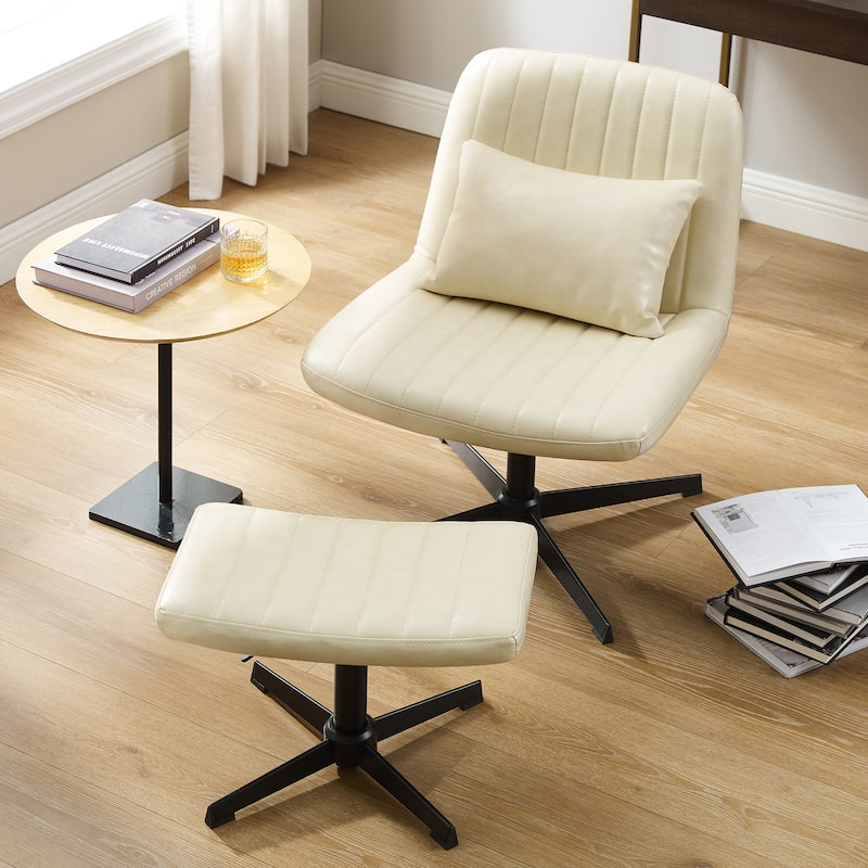 Art Leon Swivel and Adjustable Accent Chair with Ottoman - Faux Leather - Off White