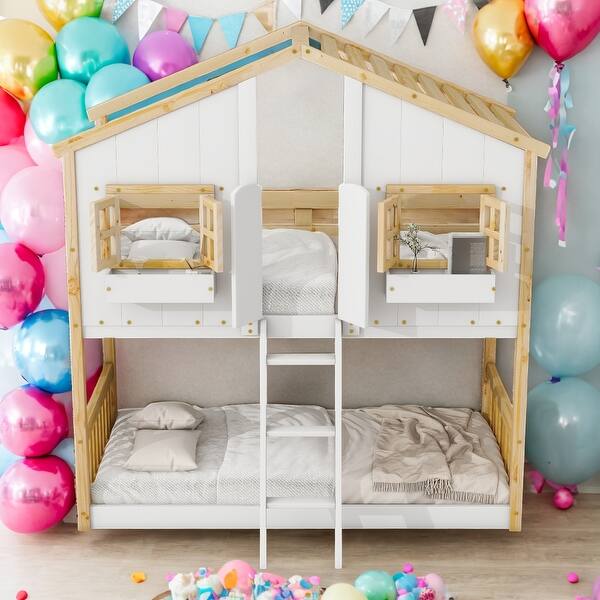 slide 2 of 13, Twin over Twin Bunk Bed With Roof With Safety Guardrails And Ladder Natural+White