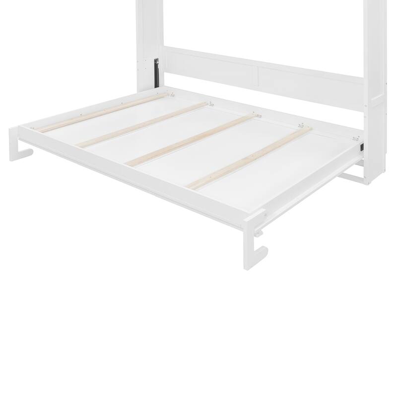 Roomfitters Queen Murphy Bed with Diamond Pattern Storage Cabinet, Wall Mounted Space Saving Hideaway Sleeper, White