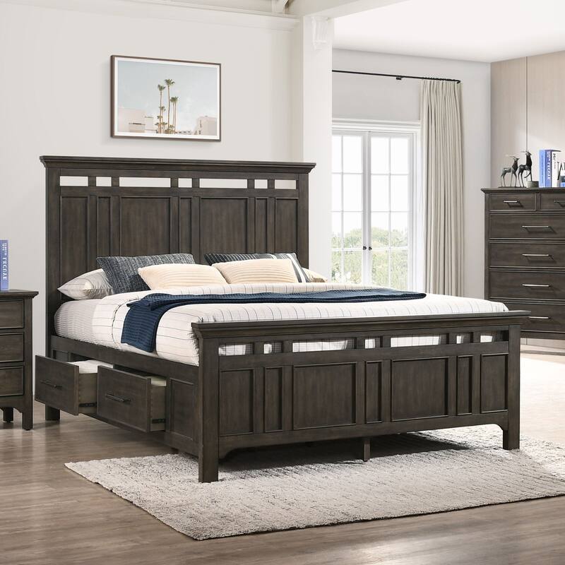 Hawthorne Solid Wood Panel Bed with Storage, Brushed Charcoal, King