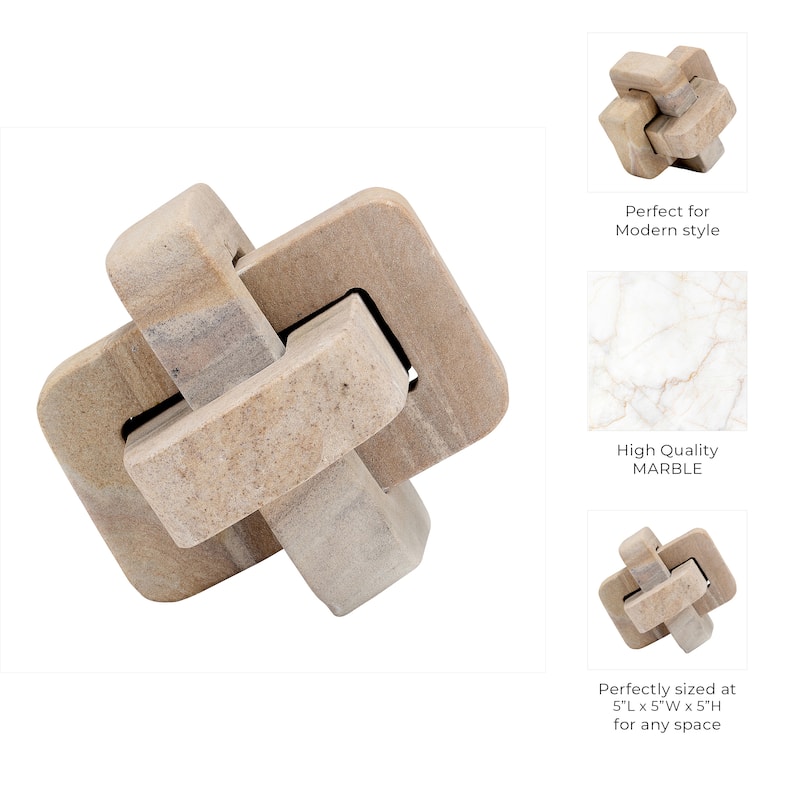 Modern Glam Interlocking Marble Sculpture, 5", Brown - 5" x 5" x 5"