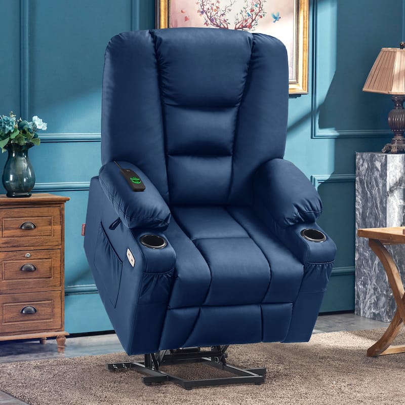 MCombo Large Lift Recliner Chair with Massage and Heat for Elderly, Extended Footrest, Cup Holders, USB Ports, Faux Leather 7539 - Navy Blue