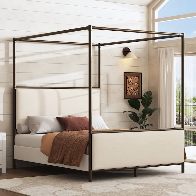 Modern Canopy Bed Frame with Upholstered Headboard Footboard, Platform Bed with Metal Frame, Wooden Slat Support, Noise-free