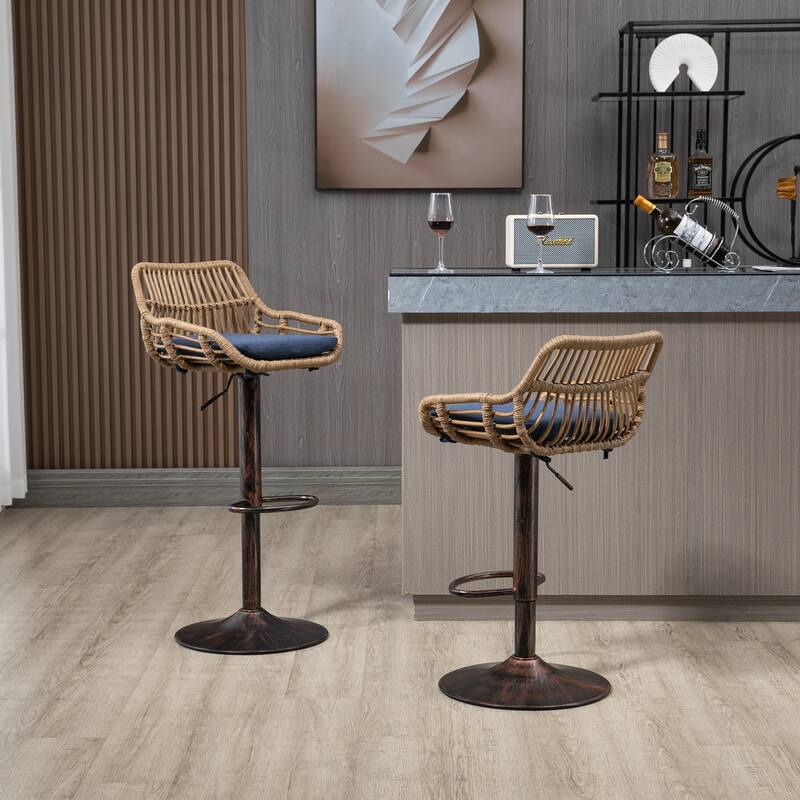 360° Swivel Bar Stools Set of 2, Adjustable Counter Height Chairs with Footrest, Rattan Bar Chairs with Cushions
