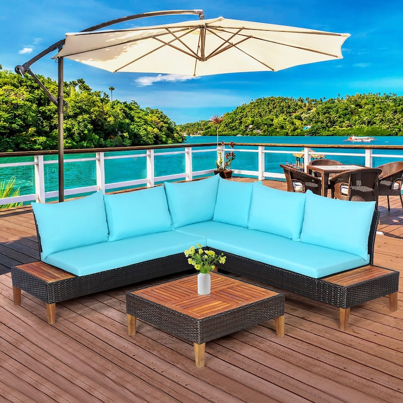 4 PCS Wood Patio Furniture Set Outdoor Rattan Sectional Sofa Set